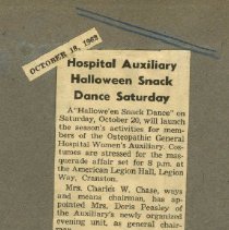 Hospital Auxiliary Halloween Snack Dance Saturday