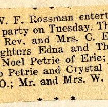 Clipping Regarding a Dinner Party Hosted by Mrs. W.F. Rossman