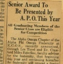 Senior Award to be Presented by Alpha Phi Omega this Year