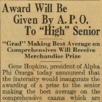 Award Will be Given by A.P.O. to High Senior