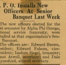 A.P.O. Installs New Officers at Senior Benquet Last Week