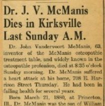 Dr. J.V. McManis Dies in Kirksville Last Sunday A.M.