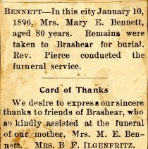 Obituary of Mary E Bennett and Card of Thanks