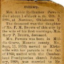 Obituary of Annie DeReamer Powers