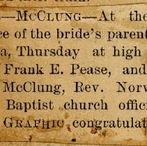 Marriage Announcement of Frank E. Pease and Ida McClung