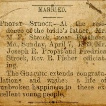 Married - Marriage announcement for Joseph R. Propst and Fredrica Strock
