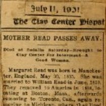 Mother Read Passes Away. Died at Sedalia Saturday-Brought to Clay Center fo