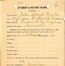 Student's History Blank for John Albert Boyles