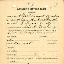 Student's History Blank for Alfred Ernest Braden