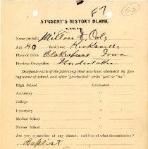 Student's History Blank for Milton D. Cole