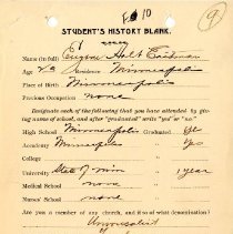 Student's History Blank for Eugene Holt Eastman