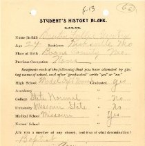 Student's History Blank for Benton Fuller Gentry