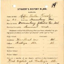 Student's History Blank for Effie Belle Koontz