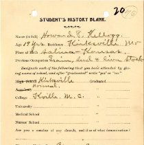 Student's History Blank for Howard G. Kellogg