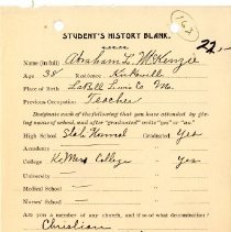 Student's History Blank for Abraham L. McKenzie