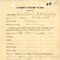 Student's History Blank for Clara A. Mahaffay