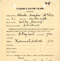Student's History Blank for Charles Kemper McCoy