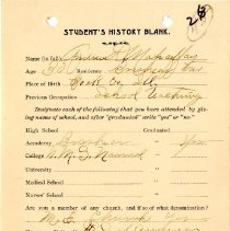 Student's History Blank for Andrew D. Mahaffay