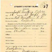 Student's History Blank for Joseph Hunting Osborn