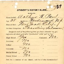 Student's History Blank for Arthur H. Paul