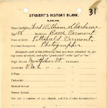 Student's History Blank for Fred William Sherburne