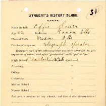 Student's History Blank for Effie Sisson