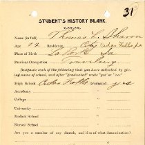 Student's History Blank for Thomas L. Sharon