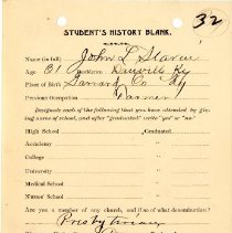 Student's History Blank for John L. Slavin