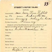 Student's History Blank for Neva True Triplett