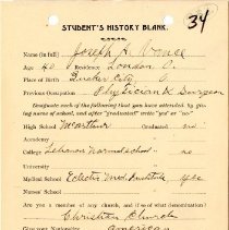 Student's History Blank for Joseph A. Vance