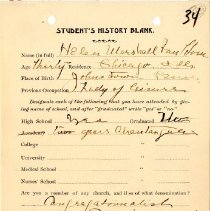 Student's History Blank for Helen Marshall Van Horn
