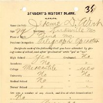 Student's History Blank for Jerome D. Wirt