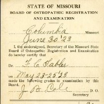 State of Missouri Board of Osteopathic Registration and Examination Record
