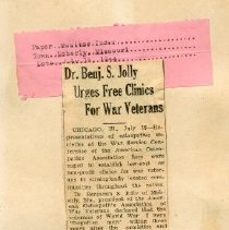 Jolly Urges Free Clinics For War Veterans