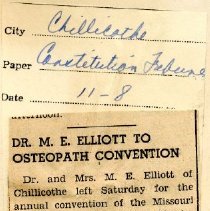 Dr. M E. Elliott to Osteopath Convention