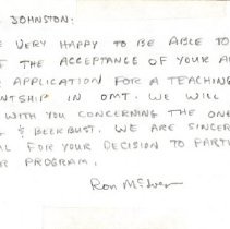 Letter to William Johnston from Ron McIver