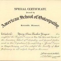 Mary Bashor-Yinger Certificate