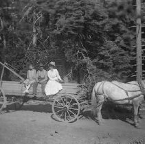 Charles Belieu and two people in horse drawn lumber wagon