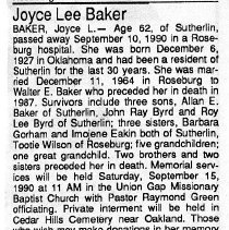 Joyce Lee Baker obituary