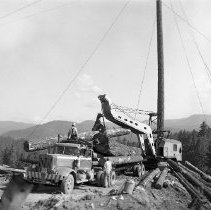 Log truck being loaded at logging site