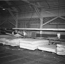 Sorting plywood, mill interior