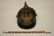 Front view of spiked German helmet from WWI.