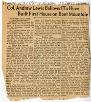 Col. Andrew Lewis Believed To Have Built First House on Bent Mountain