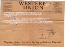 Telegram from James "Junior" Riley to his mother, Bessie Tinnell RIley