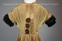 1840s bronze moire dress with velvet trim