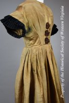 1840s bronze moire dress with velvet trim