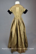 1840s bronze moire dress with velvet trim