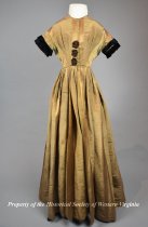 1840s bronze moire dress with velvet trim