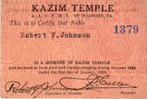 Kazim Temple membership card