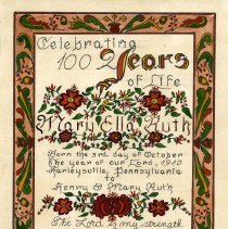 Ella Ruth 100th birthday fraktur by Grace Headman, 2010